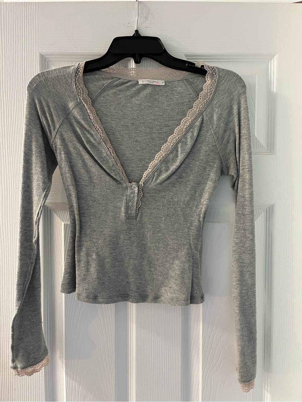Free People Heather Gray Lace-Trim Henley Long Sleeve Top